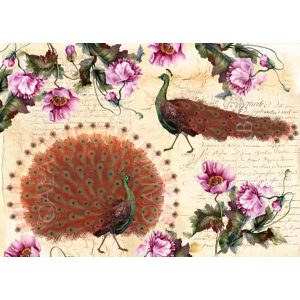 Ριζόχαρτο Calambour για decoupage, peacocks pink poppies and ancient scriptures 30,4*45cm