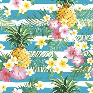 Χαρτοπετσέτα Daisy για decoupage, Tropical flowers and pineapples on stripes 33*33cm