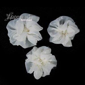 Λουλούδια πουά υφασμάτινα με περλίτσα, λευκό 4,5cm-3τεμ