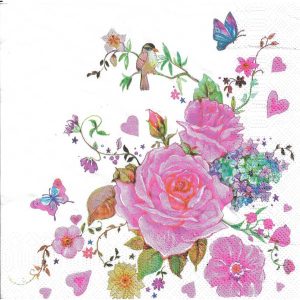 Χαρτοπετσέτα Maki για decoupage, drawn roses with butterflies 33*33cm