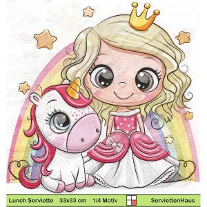 Χαρτοπετσέτα για decoupage, cartoon princess & unicorn 33*33cm